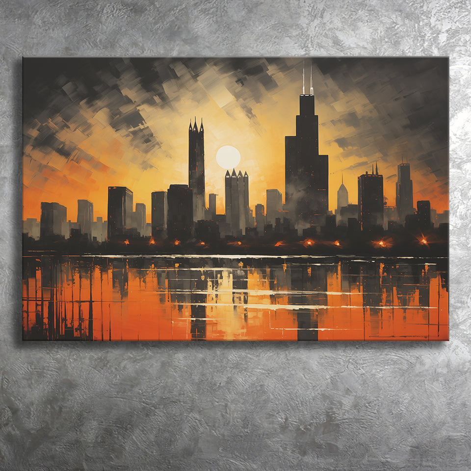 Chicago Skyline Acrylic Painting In Sunset, Canvas Painting, Canvas Prints Wall Art Decor