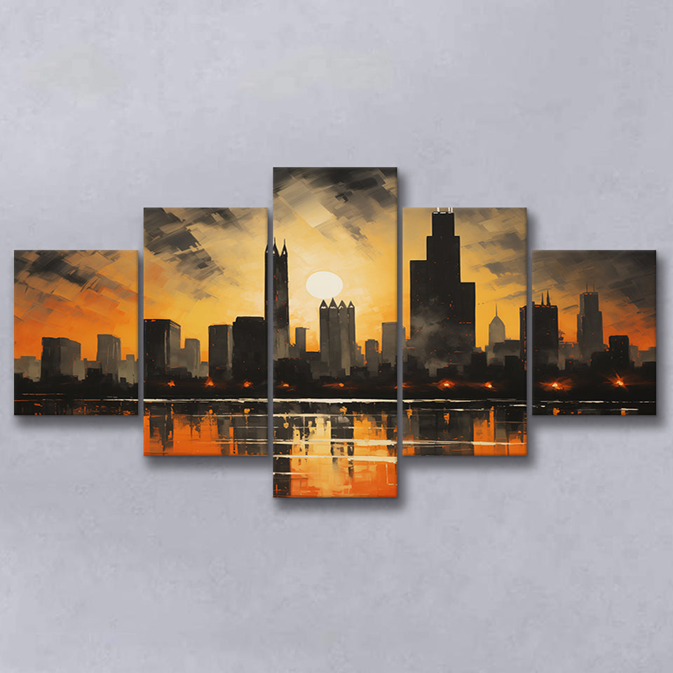 Chicago Skyline Acrylic Painting In Sunset, 5 Panels Mixed Large Canvas, Canvas Prints Wall Art Decor