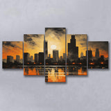 Chicago Skyline Acrylic Painting In Sunset, 5 Panels Mixed Large Canvas, Canvas Prints Wall Art Decor
