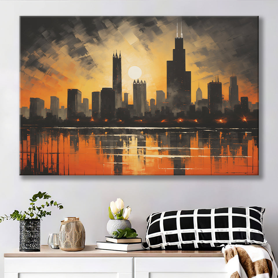 Chicago Skyline Acrylic Painting In Sunset, Canvas Painting, Canvas Prints Wall Art Decor