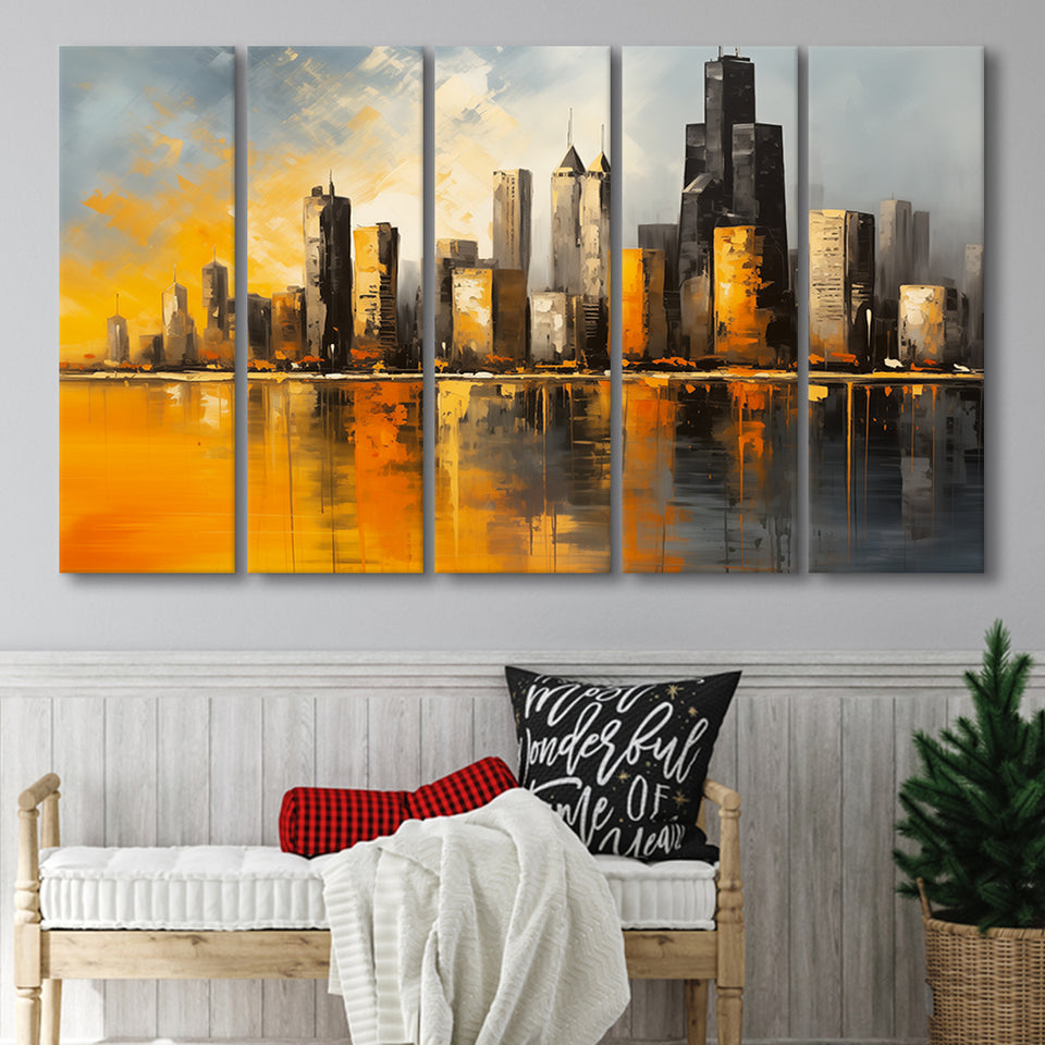 Chicago Skyline Acrylic Painting Mixed Color V1, 5 Panels Extra Large Canvas, Canvas Prints Wall Art Decor
