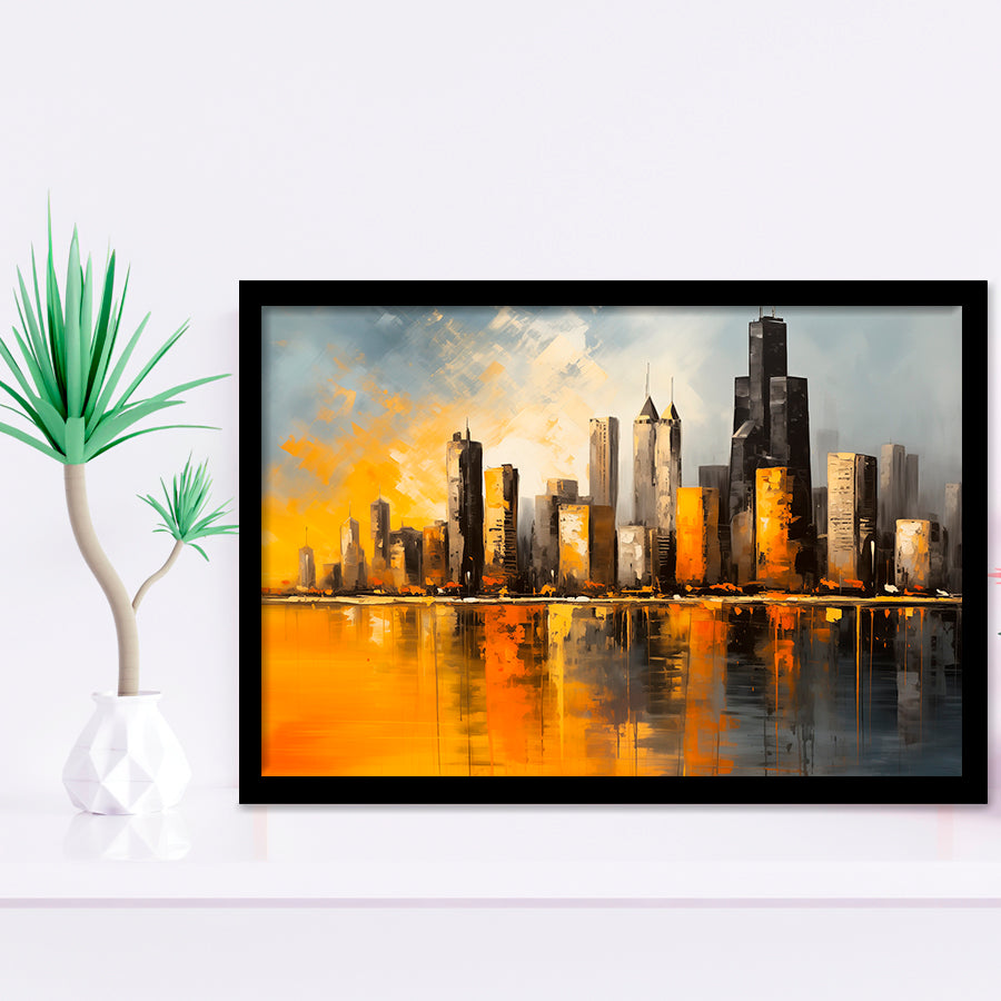 Chicago Skyline Acrylic Painting Mixed Color V1, Framed Art Print Wall Decor, Framed Picture