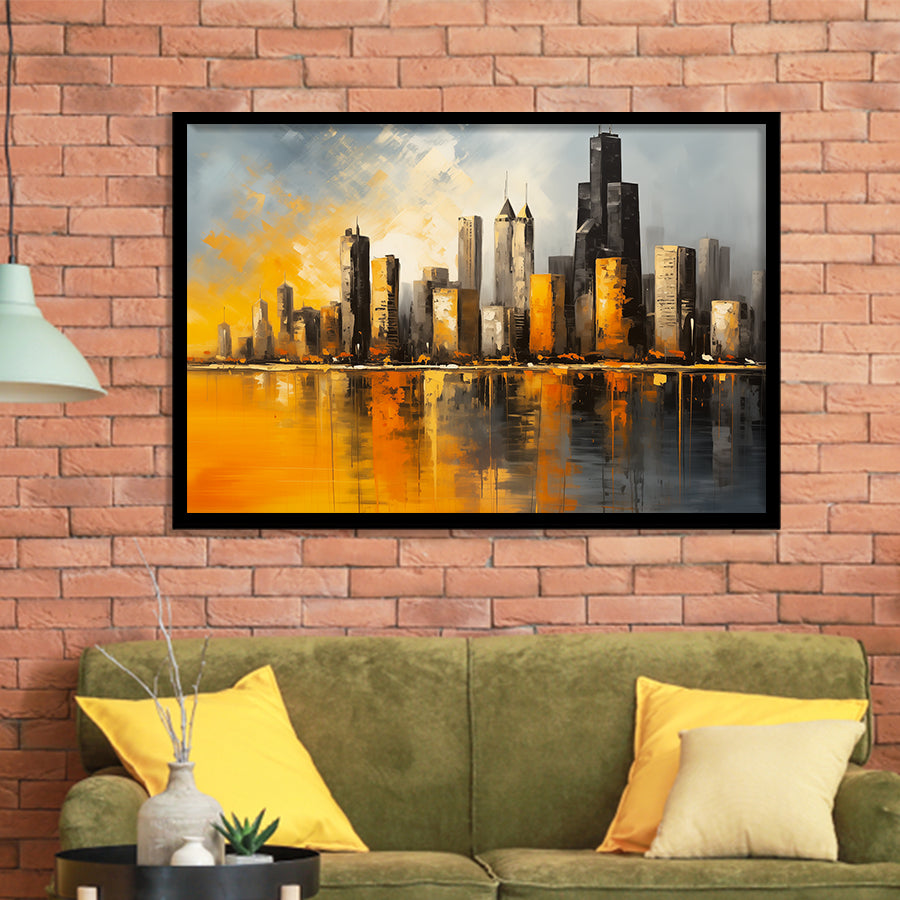 Chicago Skyline Acrylic Painting Mixed Color V1, Framed Art Print Wall Decor, Framed Picture
