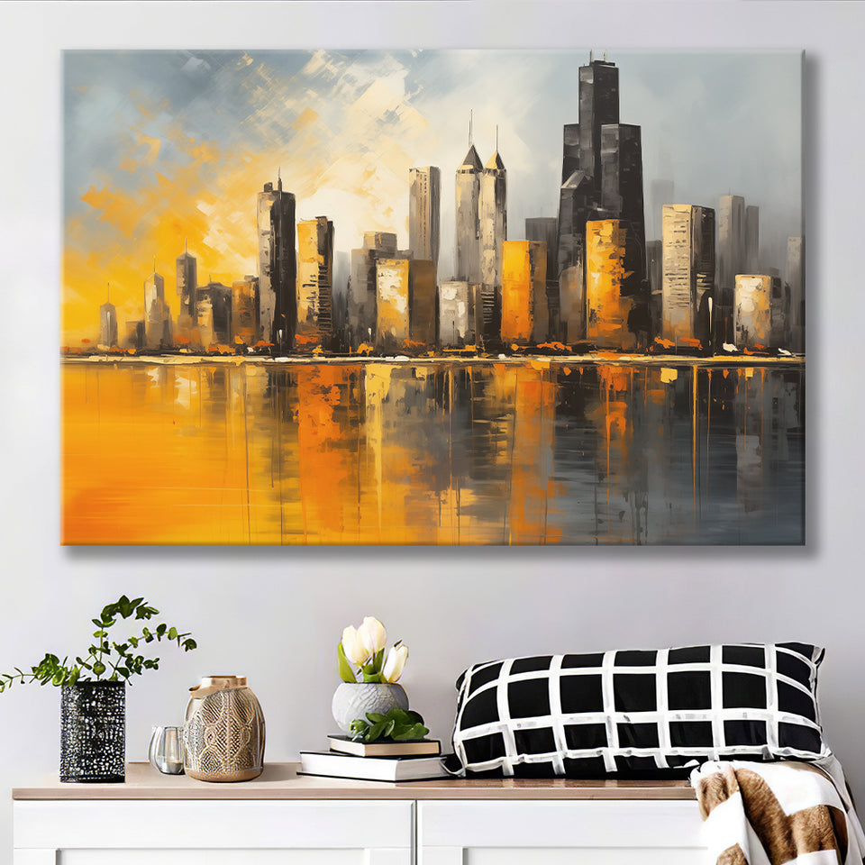 Chicago Skyline Acrylic Painting Mixed Color V1, Canvas Painting, Canvas Prints Wall Art Decor