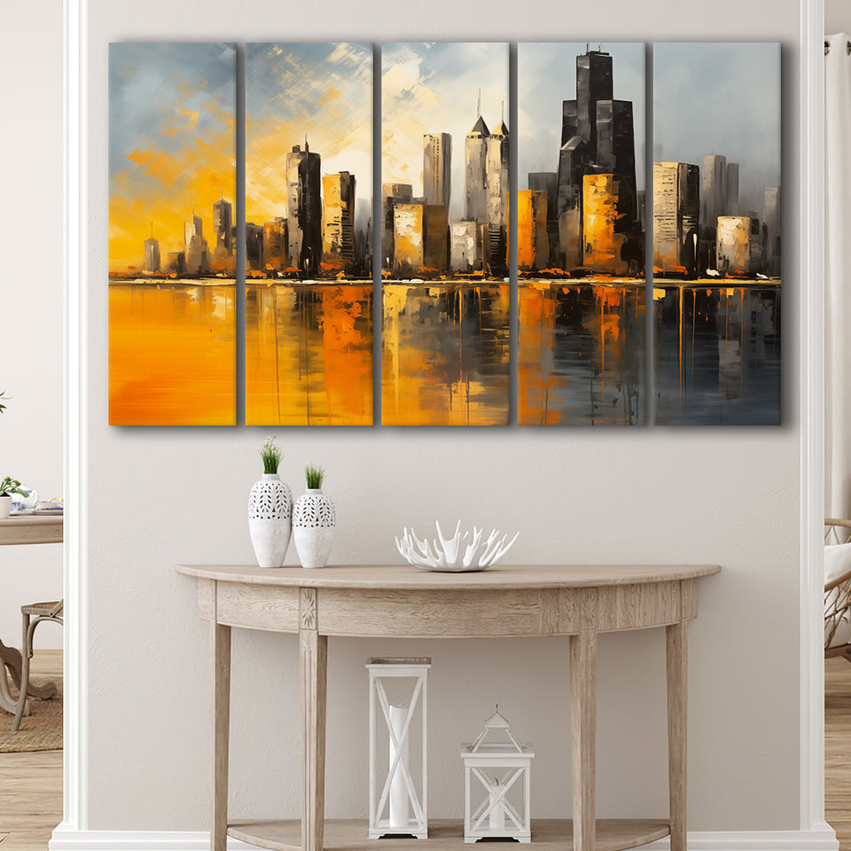 Chicago Skyline Acrylic Painting Mixed Color V1, 5 Panels Extra Large Canvas, Canvas Prints Wall Art Decor
