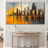 Chicago Skyline Acrylic Painting Mixed Color V1, 5 Panels Extra Large Canvas, Canvas Prints Wall Art Decor