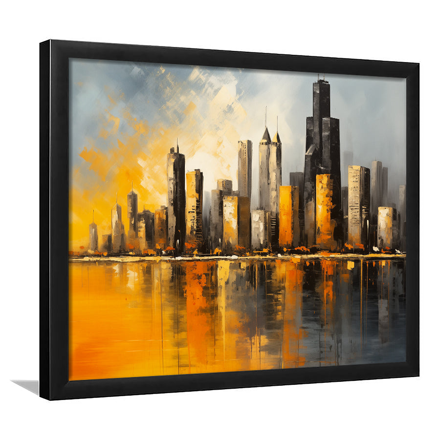 Chicago Skyline Acrylic Painting Mixed Color V1, Framed Art Print Wall Decor, Framed Picture