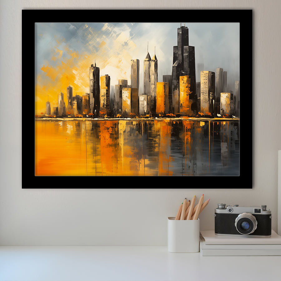 Chicago Skyline Acrylic Painting Mixed Color V1, Framed Art Print Wall Decor, Framed Picture