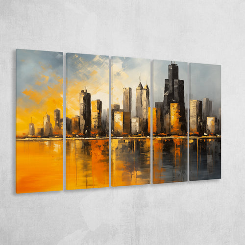Chicago Skyline Acrylic Painting Mixed Color V1, 5 Panels Extra Large Canvas, Canvas Prints Wall Art Decor