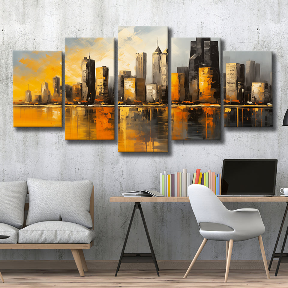 Chicago Skyline Acrylic Painting Mixed Color V1, 5 Panels Mixed Large Canvas, Canvas Prints Wall Art Decor