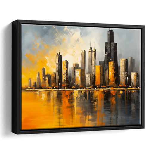 Chicago Skyline Acrylic Painting Mixed Color V1, Framed Canvas Painting, Framed Canvas Prints Wall Art Decor