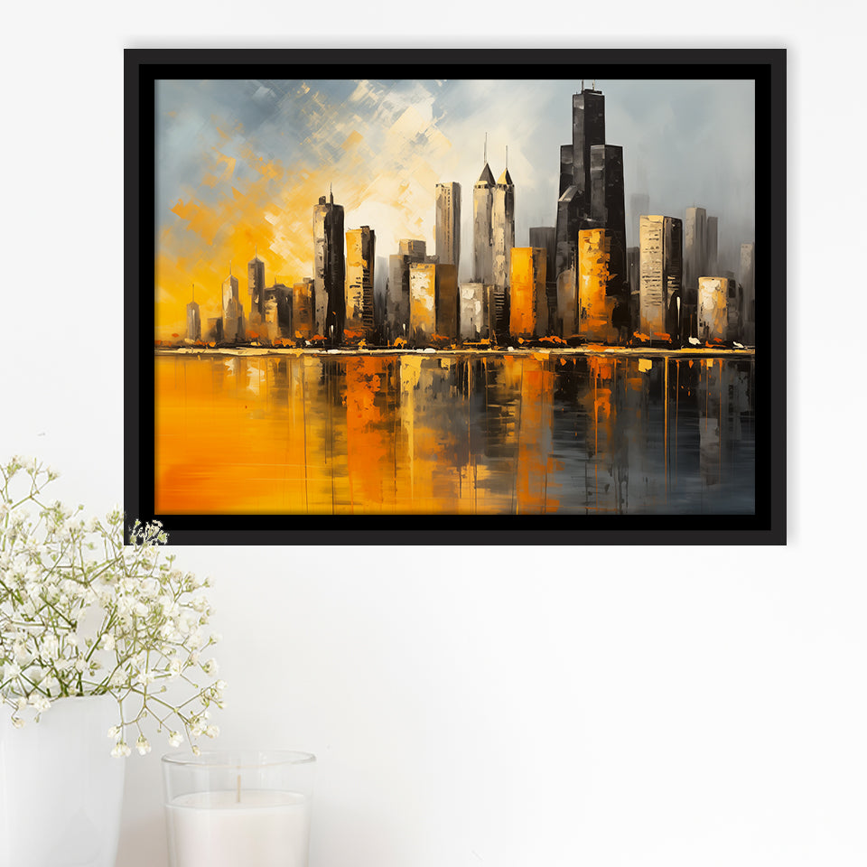 Chicago Skyline Acrylic Painting Mixed Color V1, Framed Canvas Painting, Framed Canvas Prints Wall Art Decor