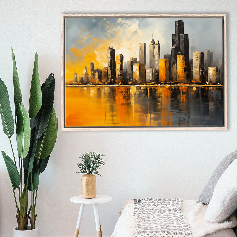 Chicago Skyline Acrylic Painting Mixed Color V1, Framed Canvas Painting, Framed Canvas Prints Wall Art Decor