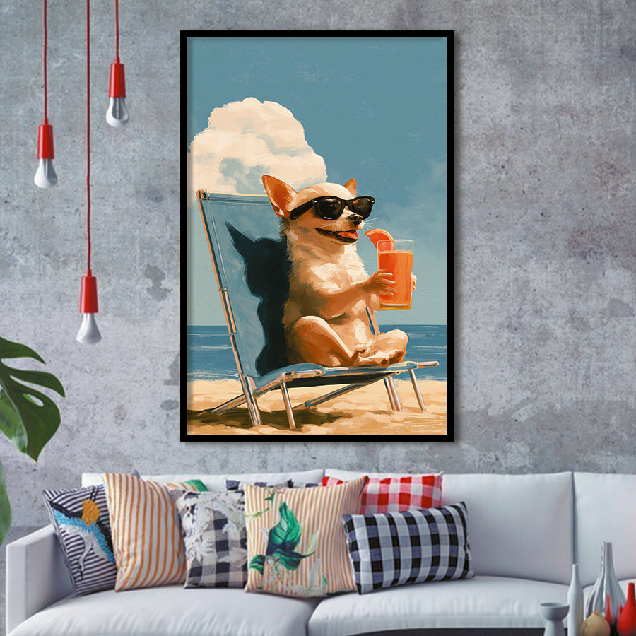 Chihuahua On The Beach, Summer Art, Pet Lover Art, Vintage Painting, Framed Art Print, Fine Art Wall Decor