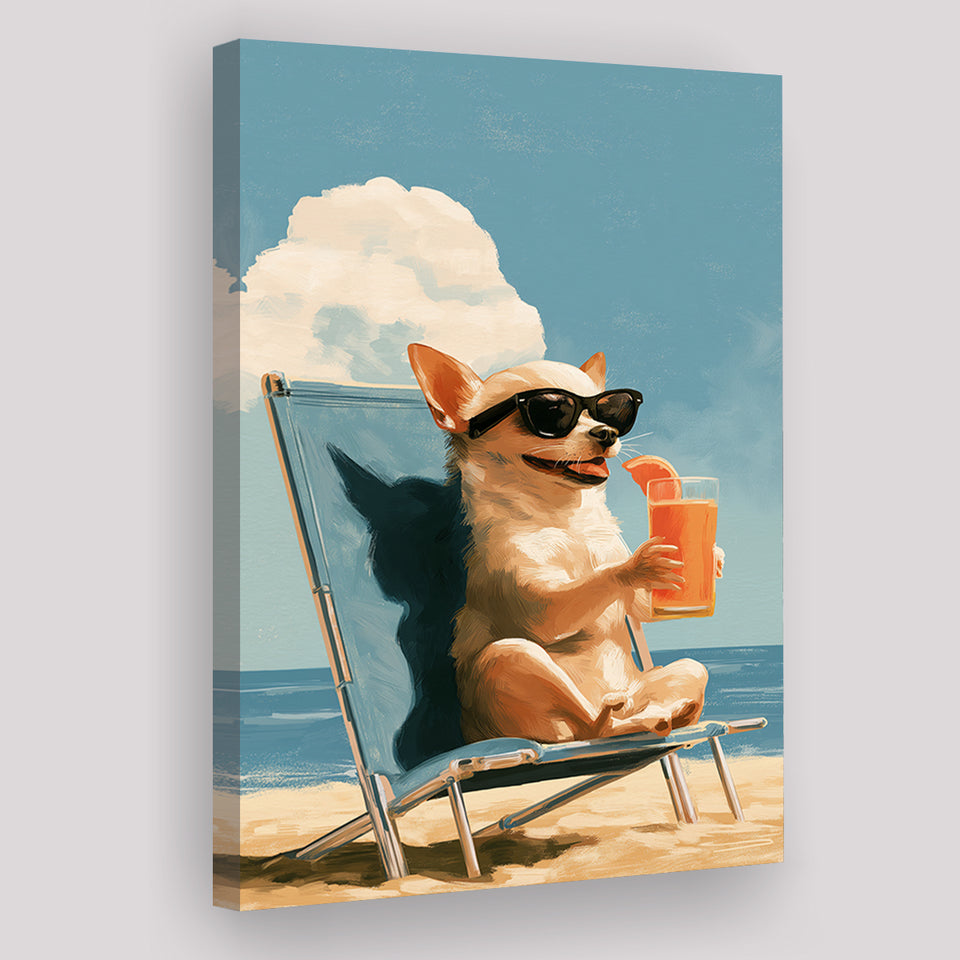 Chihuahua On The Beach, Summer Art, Pet Lover Art, Vintage Painting, Canvas Print Wall Art, Wall Decor