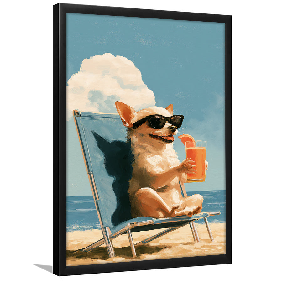 Chihuahua On The Beach, Summer Art, Pet Lover Art, Vintage Painting, Framed Art Print, Fine Art Wall Decor