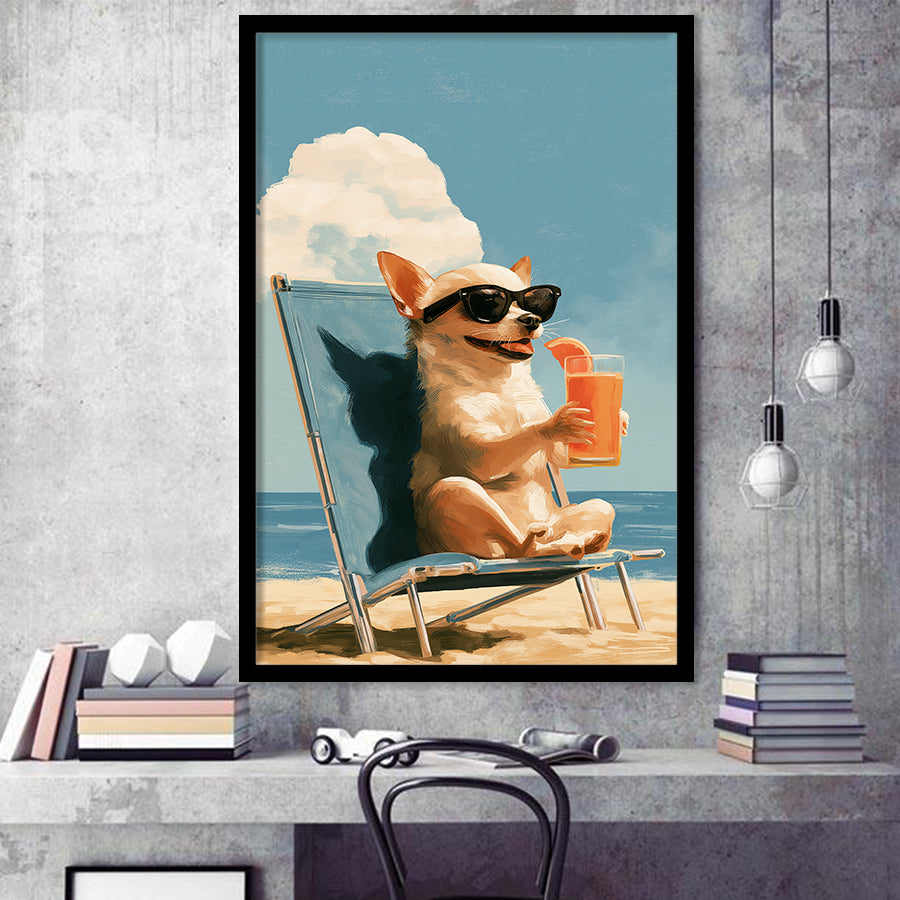 Chihuahua On The Beach, Summer Art, Pet Lover Art, Vintage Painting, Framed Art Print, Fine Art Wall Decor