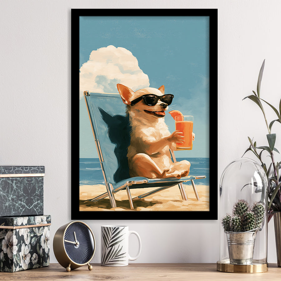 Chihuahua On The Beach, Summer Art, Pet Lover Art, Vintage Painting, Framed Art Print, Fine Art Wall Decor