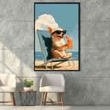 Chihuahua On The Beach, Summer Art, Pet Lover Art, Vintage Painting, Framed Canvas Print, Floating Frame