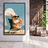 Chihuahua On The Beach, Summer Art, Pet Lover Art, Vintage Painting, Framed Canvas Print, Floating Frame