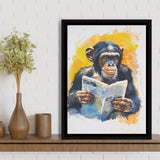 Chimpanzee Reading Newspaper  Monkey Business, Framed Canvas Prints Wall Art Decor, Floarting Frame Painting Canvas Art