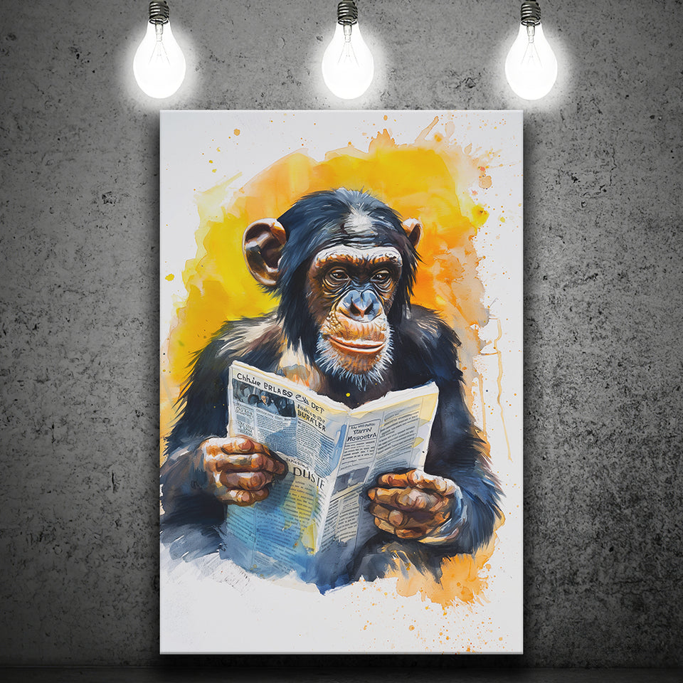 Chimpanzee Reading Newspaper  Monkey Business, Canvas Prints Wall Art Home Decor, Painting Canvas Art
