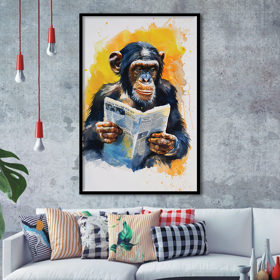 Chimpanzee Reading Newspaper  Monkey Business, Framed Art Prints Wall Decor, Picture Framed Painting