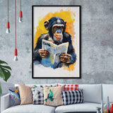 Chimpanzee Reading Newspaper  Monkey Business, Framed Art Prints Wall Decor, Picture Framed Painting