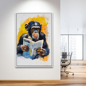 Chimpanzee Reading Newspaper  Monkey Business, Framed Canvas Prints Wall Art Decor, Floarting Frame Painting Canvas Art