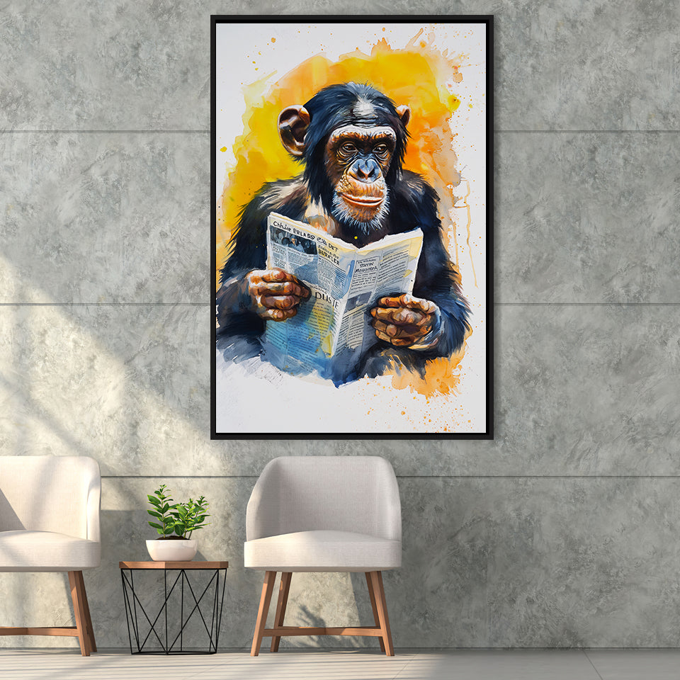 Chimpanzee Reading Newspaper  Monkey Business, Framed Canvas Prints Wall Art Decor, Floarting Frame Painting Canvas Art