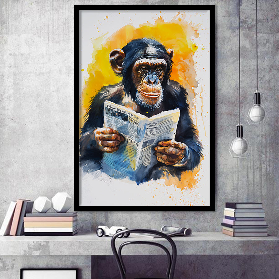 Chimpanzee Reading Newspaper  Monkey Business, Framed Art Prints Wall Decor, Picture Framed Painting