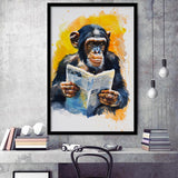 Chimpanzee Reading Newspaper  Monkey Business, Framed Art Prints Wall Decor, Picture Framed Painting