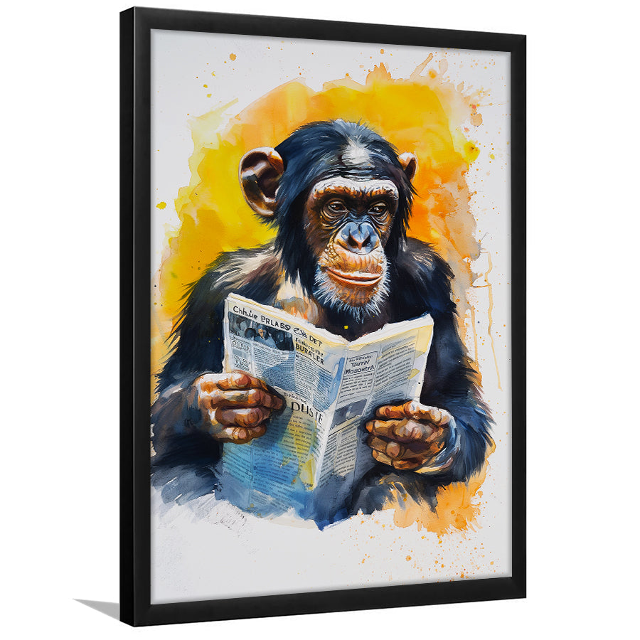 Chimpanzee Reading Newspaper  Monkey Business, Framed Art Prints Wall Decor, Picture Framed Painting