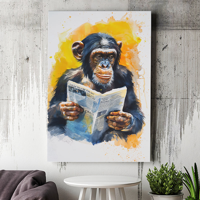 Chimpanzee Reading Newspaper  Monkey Business, Canvas Prints Wall Art Home Decor, Painting Canvas Art