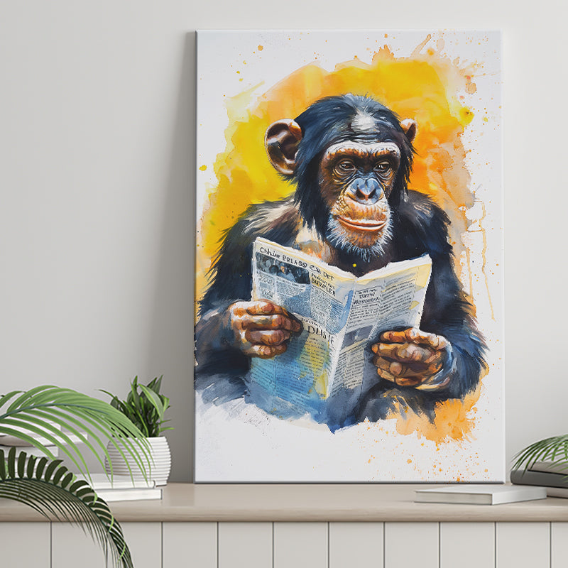 Chimpanzee Reading Newspaper  Monkey Business, Canvas Prints Wall Art Home Decor, Painting Canvas Art