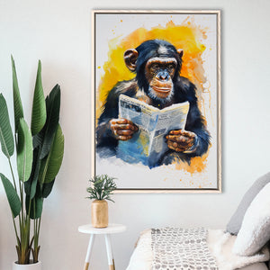 Chimpanzee Reading Newspaper  Monkey Business, Framed Canvas Prints Wall Art Decor, Floarting Frame Painting Canvas Art