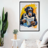 Chimpanzee Reading Newspaper  Monkey Business, Framed Canvas Prints Wall Art Decor, Floarting Frame Painting Canvas Art