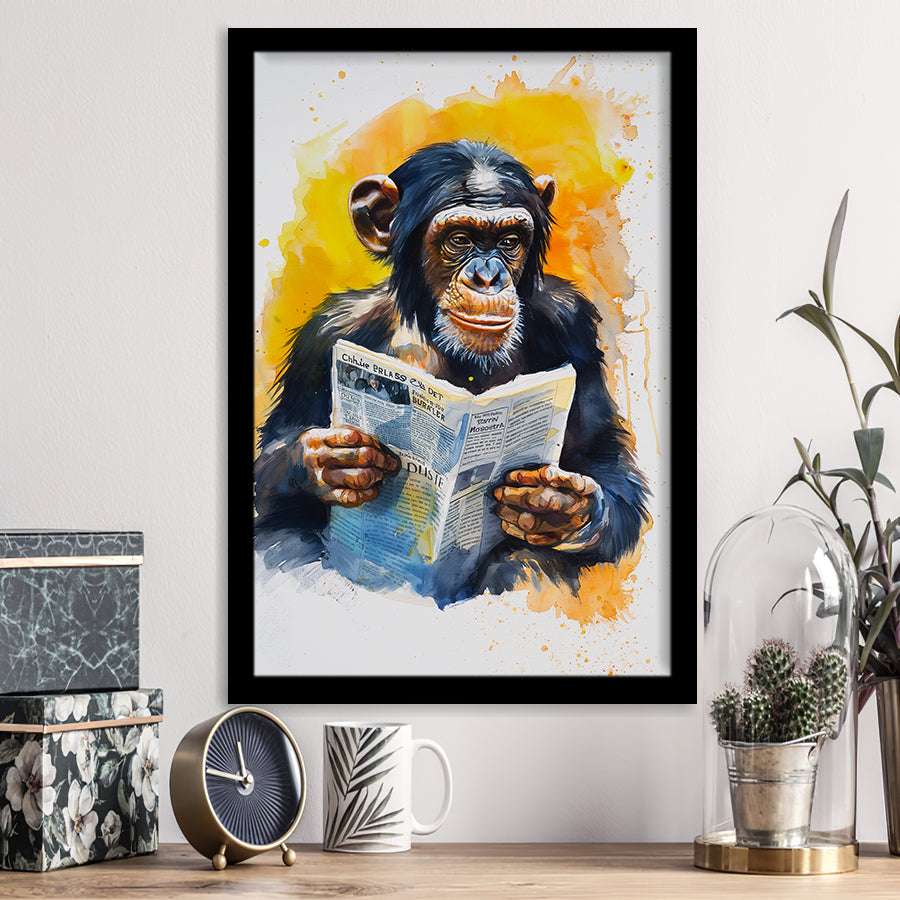 Chimpanzee Reading Newspaper  Monkey Business, Framed Art Prints Wall Decor, Picture Framed Painting