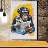 Chimpanzee Reading Newspaper  Monkey Business, Canvas Prints Wall Art Home Decor, Painting Canvas Art