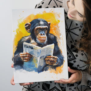 Chimpanzee Reading Newspaper  Monkey Business, Canvas Prints Wall Art Home Decor, Painting Canvas Art