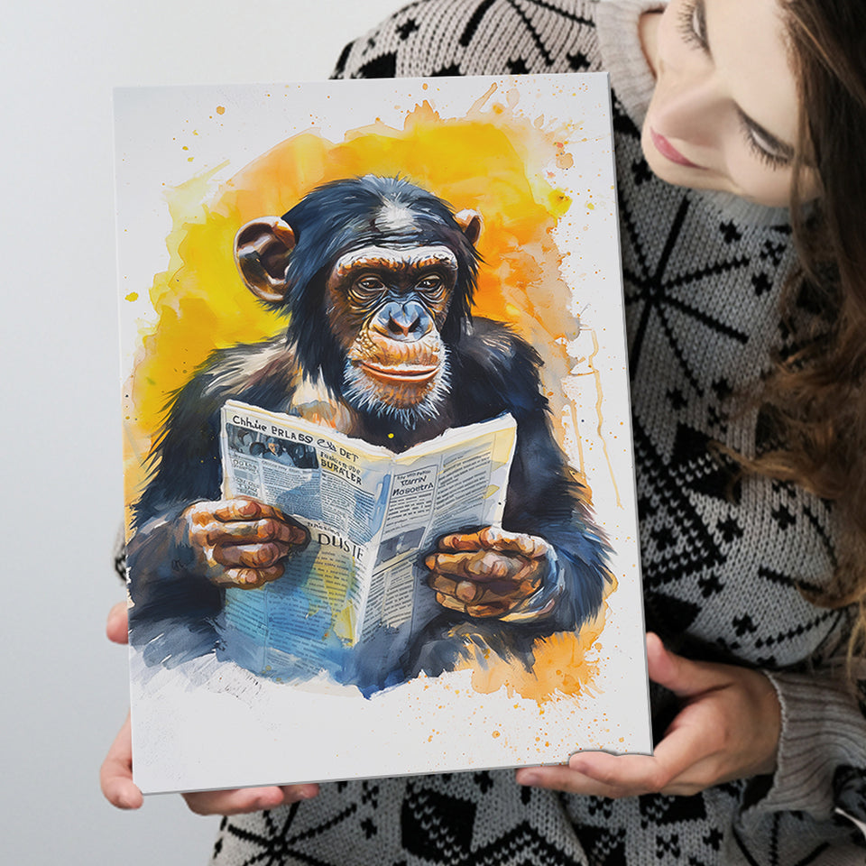 Chimpanzee Reading Newspaper  Monkey Business, Canvas Prints Wall Art Home Decor, Painting Canvas Art