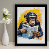 Chimpanzee Reading Newspaper  Monkey Business, Framed Art Prints Wall Decor, Picture Framed Painting