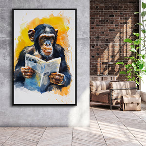 Chimpanzee Reading Newspaper  Monkey Business, Framed Canvas Prints Wall Art Decor, Floarting Frame Painting Canvas Art