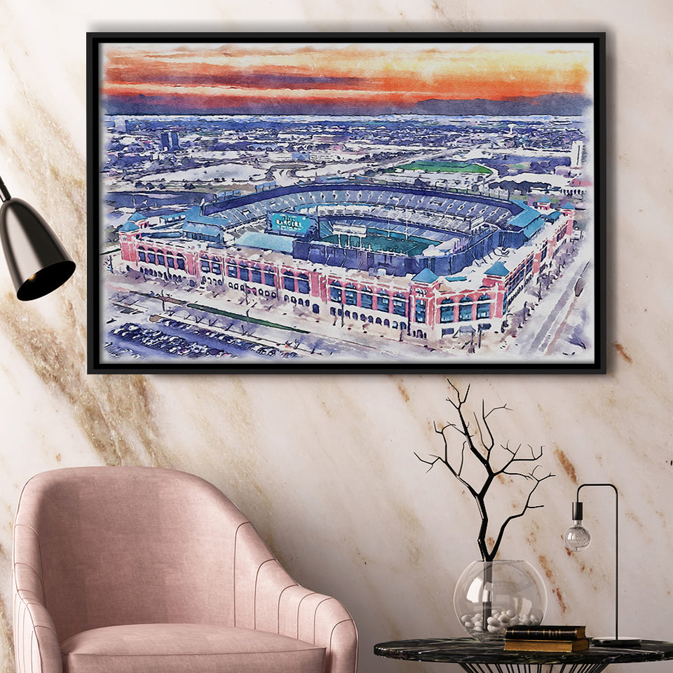 Choctaw Stadium WaterColor Framed Canvas Prints, Arlington Texas Watercolor, Stadium Art Gifts, Floating Frame