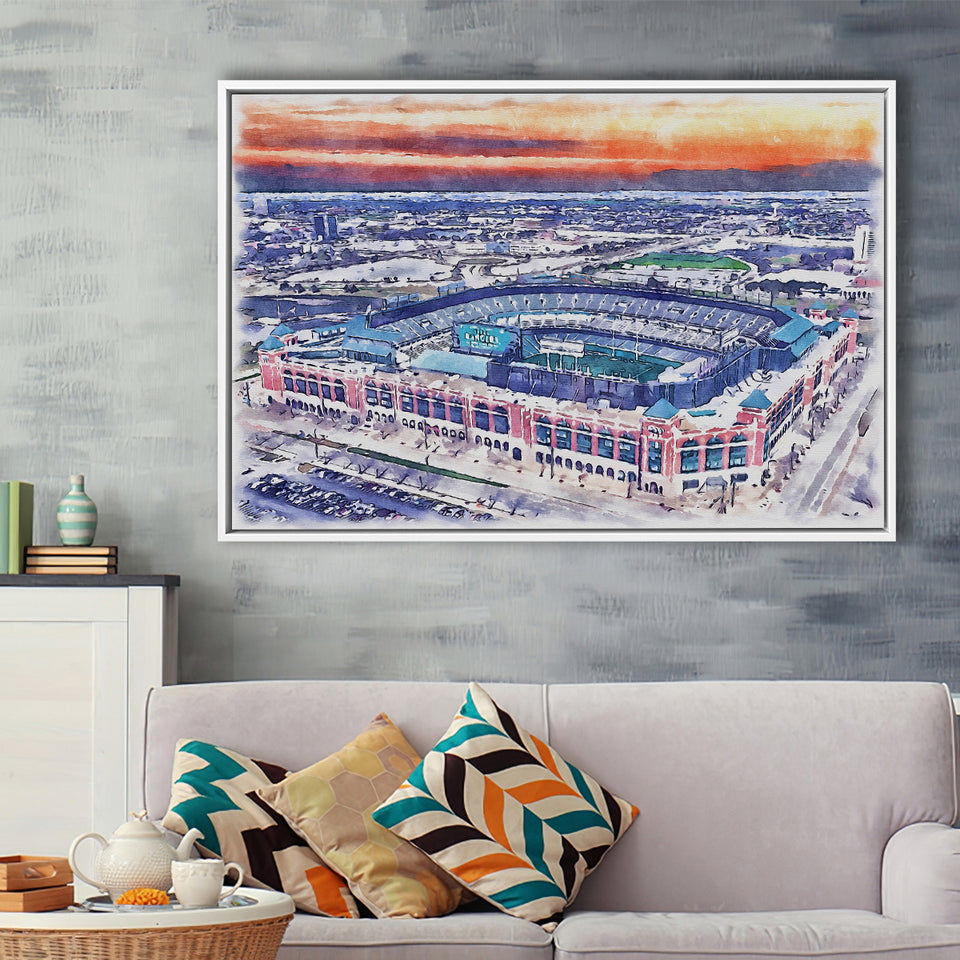 Choctaw Stadium WaterColor Framed Canvas Prints, Arlington Texas Watercolor, Stadium Art Gifts, Floating Frame