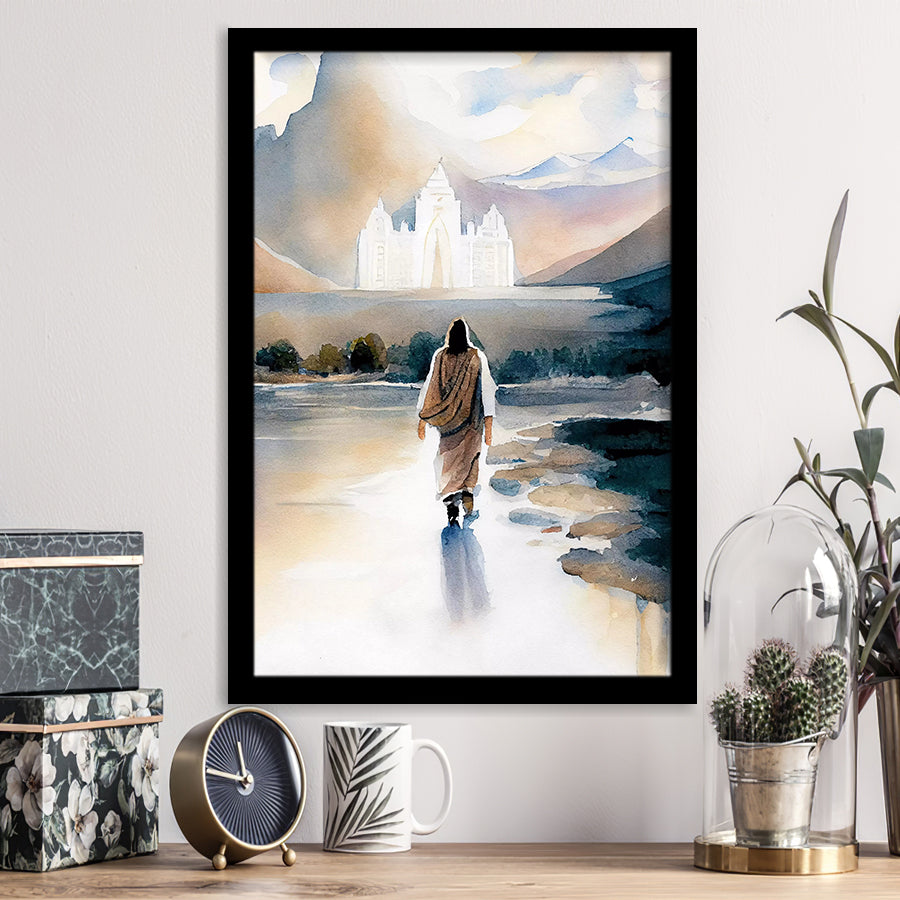 Christ Walking Towards Temple Watercolor, Framed Art Print Wall Decor, Framed Picture