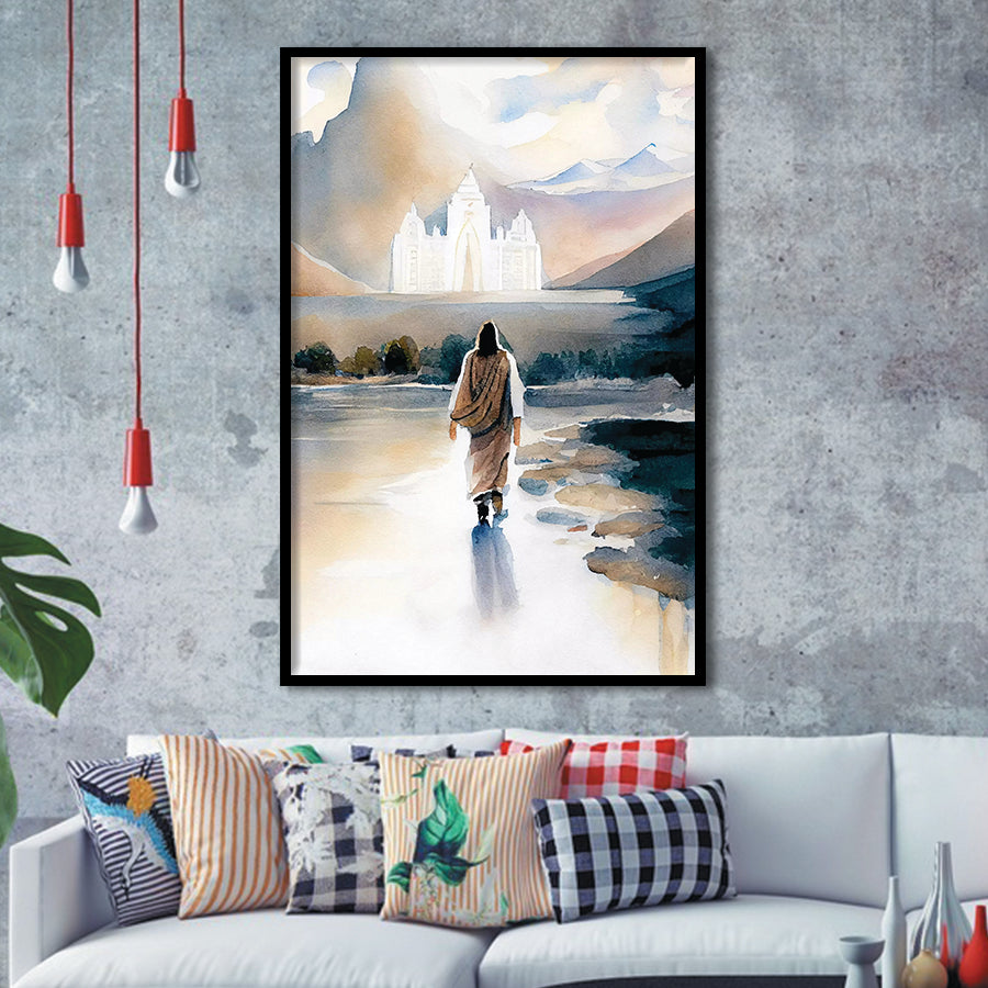 Christ Walking Towards Temple Watercolor, Framed Art Print Wall Decor, Framed Picture