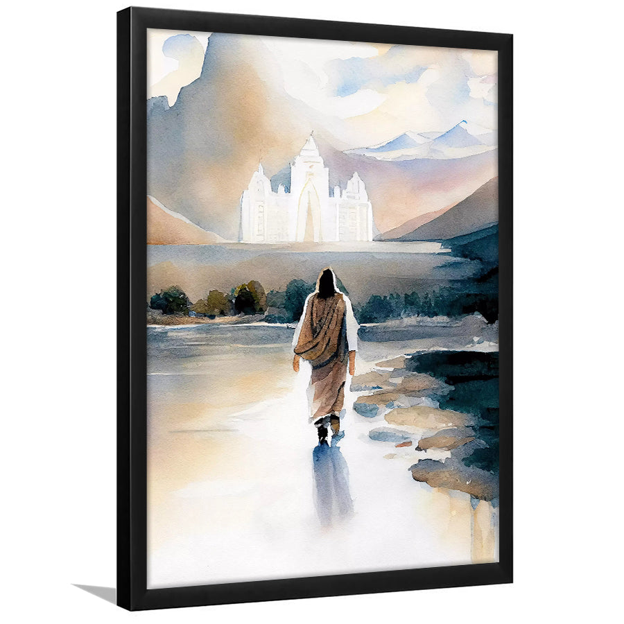 Christ Walking Towards Temple Watercolor, Framed Art Print Wall Decor, Framed Picture
