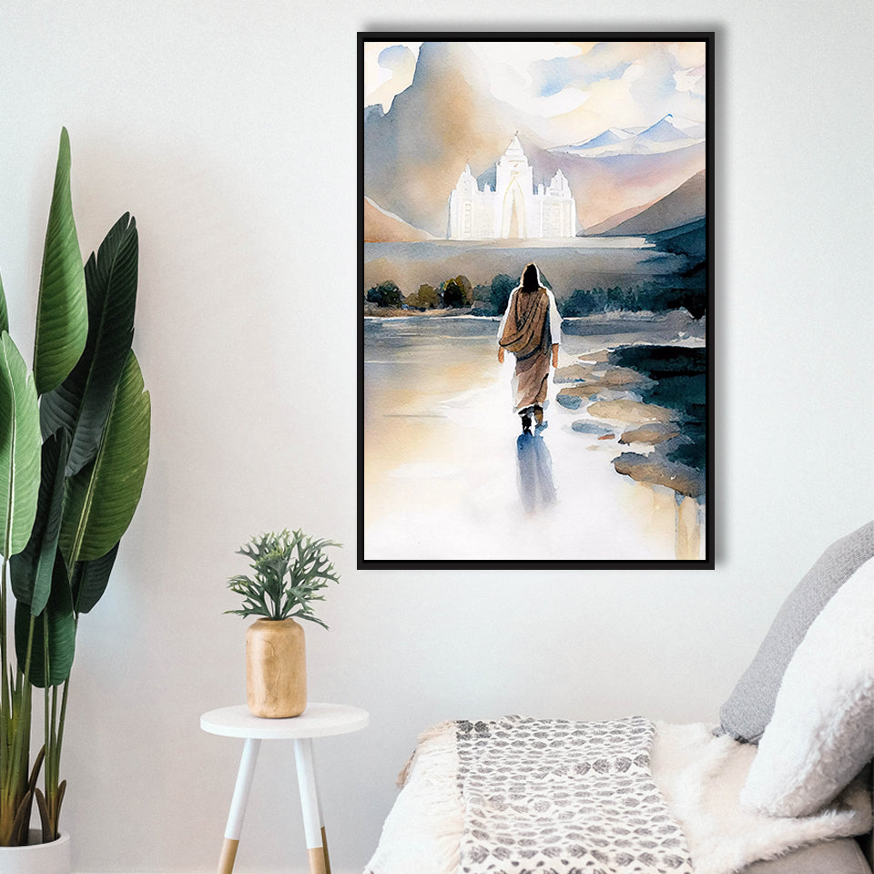 Christ Walking Towards Temple Watercolor, Framed Canvas Painting, Framed Canvas Prints Wall Art Decor