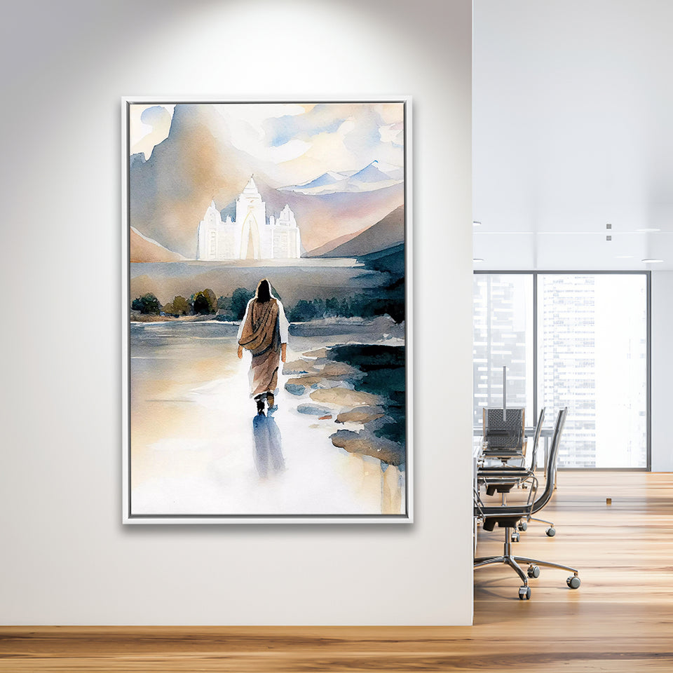 Christ Walking Towards Temple Watercolor, Framed Canvas Painting, Framed Canvas Prints Wall Art Decor